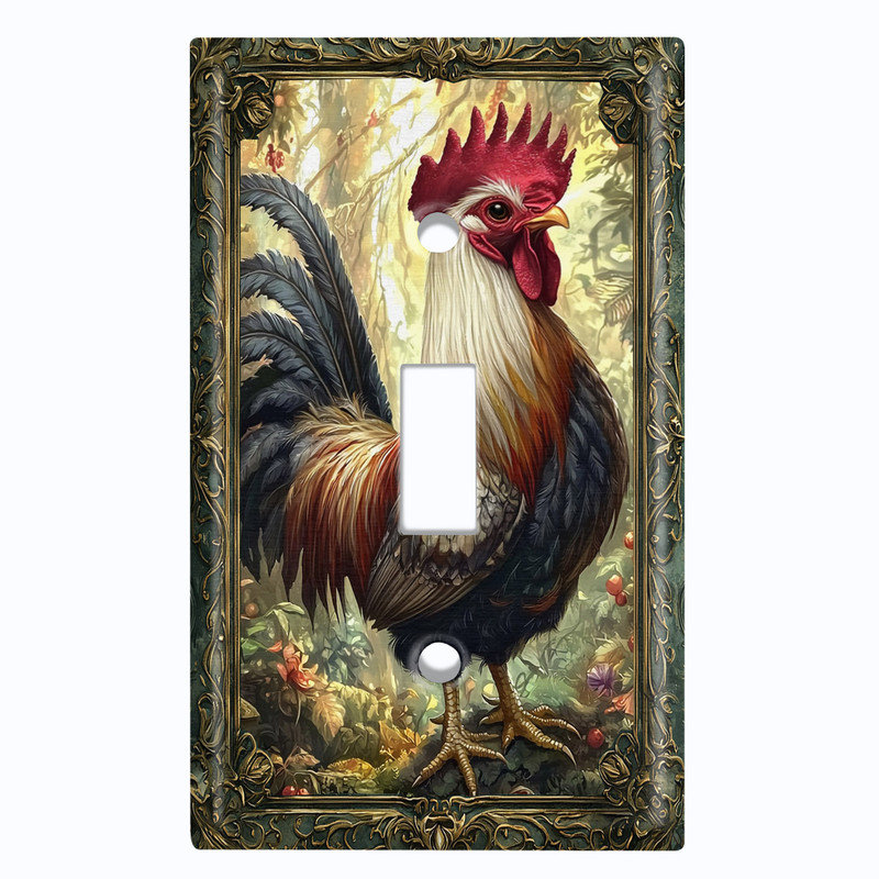 Couvercle de plaque d'interrupteur en métal; Bascule de coq standard US 1 taille - coq dans la forêt, # 1 à bascule simple