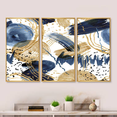 SIGNLEADER Blue Gold Smoke Wave Framed On Canvas 3 Pieces Painting