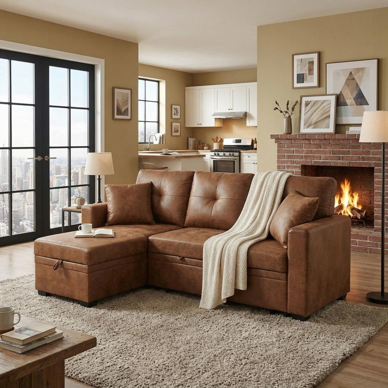 Sectional with Pull-Out Bed, Sleeper Sofa, Light Brown Polyester