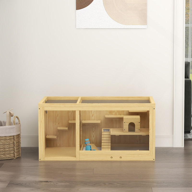 Cage à hamster en bois Pawhut, très grande cage à gerbille, cage multicouche pour petits animaux pour hamster nain, centre d'activités avec plateau coulissant, balançoire à bascule, bouteille d'eau, échelle, plateau ouvert