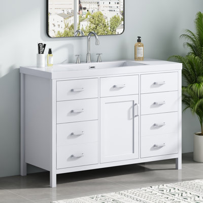 Meuble-lavabo avec lavabo en résine, porte simple à fermeture douce et 6 tiroirs, séparateurs amovibles, poignées en métal, grand espace de rangement