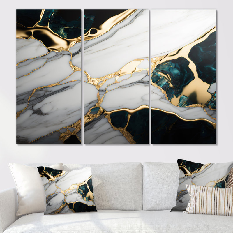 «Abstract Geode Gold and Green Marble I», reproduction sur toile 3 pièces, H 32 po x l 48 po x P 1 po, Toile tendue