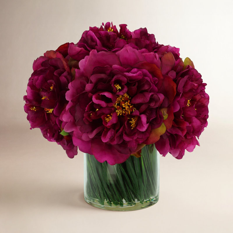 Arrangement de fausses pivoines Addison dans un vase en verre, Magenta