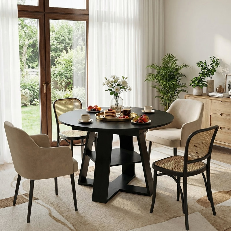 Table de salle à manger ronde extensible de 43,3 po à 59 po pour 4 à 8 personnes, table de salle à manger ovale de cuisine moderne avec feuilles amovibles peu encombrante, base en bois avec tablette de rangement pour le salon de la cuisine (noir)