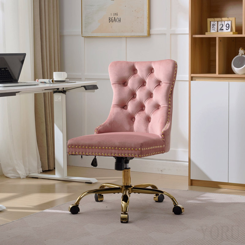 Chaise de bureau, fauteuil de bureau moderne capitonné en velours capitonné avec base en métal doré, chaise de bureau pivotante réglable (rose)