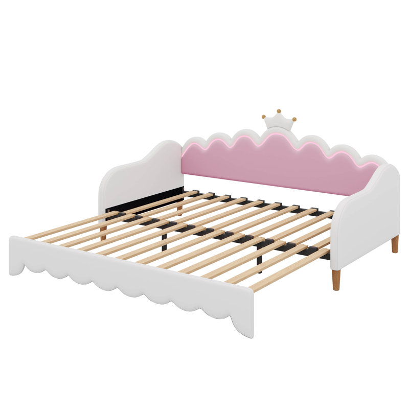 Twin Extending Modern Upholstered Princess Daybed With Crown Headboard And LED Lights, White