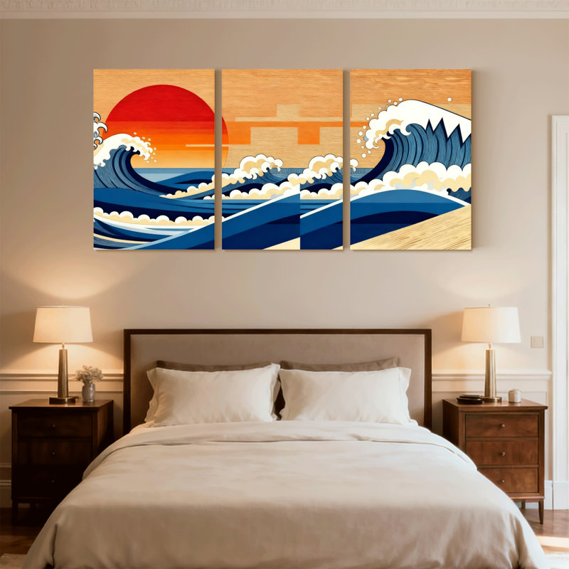 «Nautical & Beach Wave Sunset Ocean Sky Art», ensemble de 3 impressions sur toile, H 18 po x l 36 po