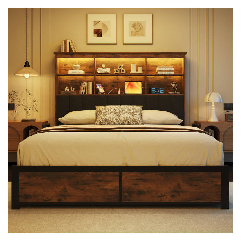 Metal Bed Frame with Bookcase Headboard, Vintage Brown