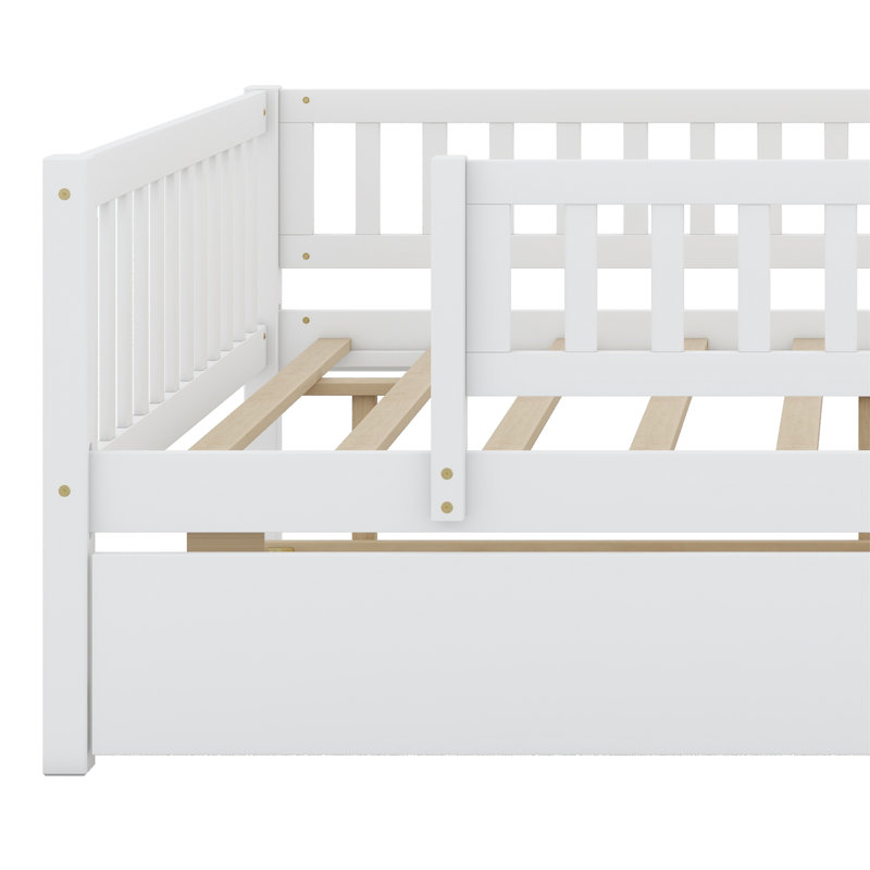 Wood Daybed With Trundle And Fence Guardrails, White