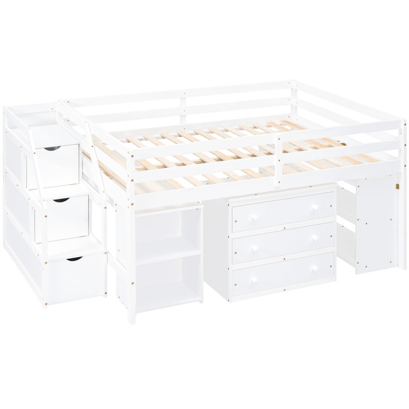 Lit mezzanine en bois massif avec bureau d'écriture rétractable et rangement, option de couleur blanche Aspect pleine grandeur