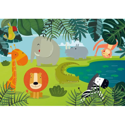 Papier peint safari, animaux de la jungle, enfants, éléphant zèbre, girafe, dessin animé, décoration murale