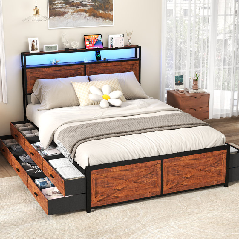 Queen/King Size Storage Bed Frame With 12 Drawers, USB Charging Station, LED Lighting, And Sturdy Metal Foundation, Queen