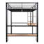 Lit mezzanine double en métal et panneau de fibres à densité moyenne avec long bureau et tablettes, noir