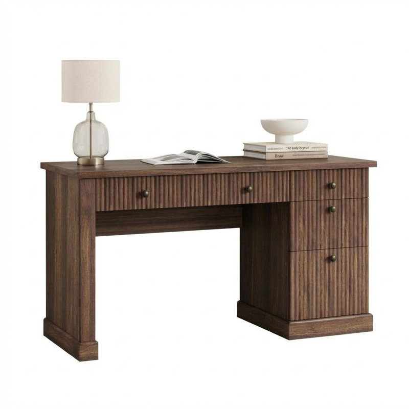 54" White Modern Fluted Executive Desk Wooden Writing Computer Table with File Drawers Storage Cabinet & Charging Station Home Office or Small Spaces