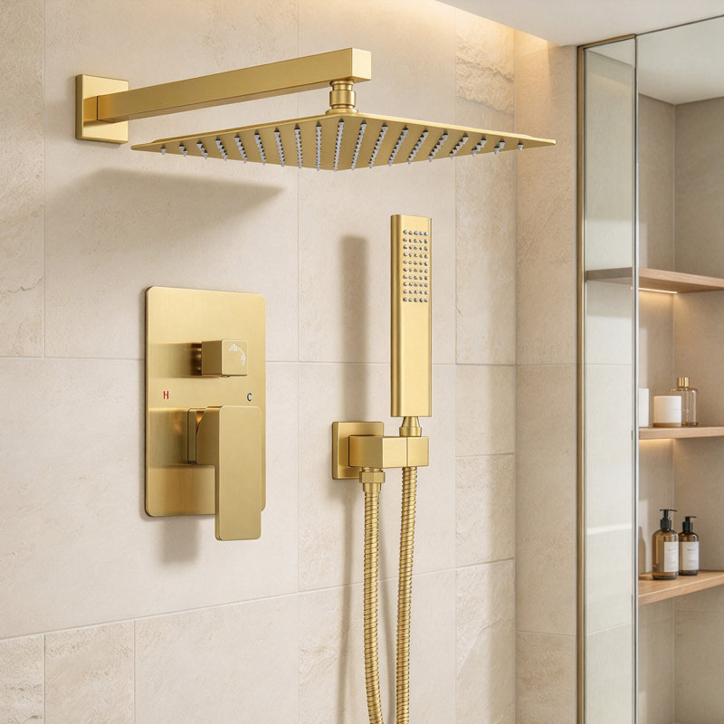12 Inch Shower Head and Handheld, Wall Mounted Shower Faucet Combo Set, Brushed Gold