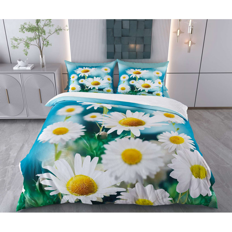 Ensemble de housse de couette, Bleu / blanc / jaune / vert floral