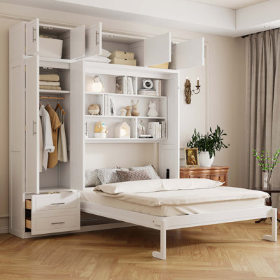 Grand lit escamotable mural avec armoire supérieure, tablettes et garde-robe, lit pliant peu encombrant