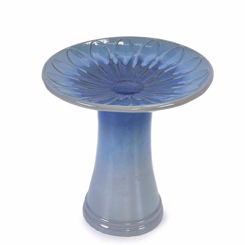 Bain d'oiseaux en céramique de 17 po pour l'extérieur, grand bain d'oiseaux élégant pour l'extérieur, bains d'oiseaux vernis à piédestal léger pour l'extérieur avec motif floral, dégradé bleu
