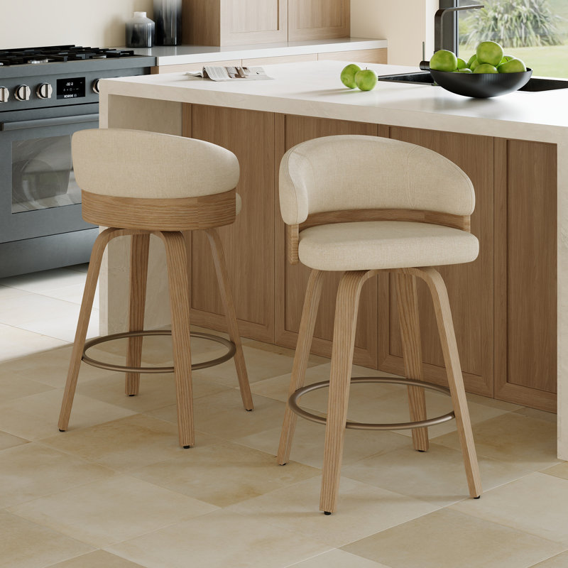 Tabouret de comptoir pivotant 26 po avec structure en bois, Siège beige / structure en chêne 