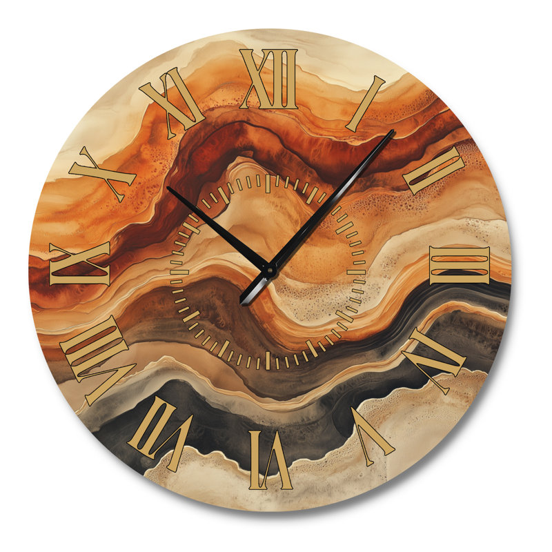 Horloge murale en métal grand format de style Mid-Century, motif abstrait Warm Earth Flow Ink, Grand