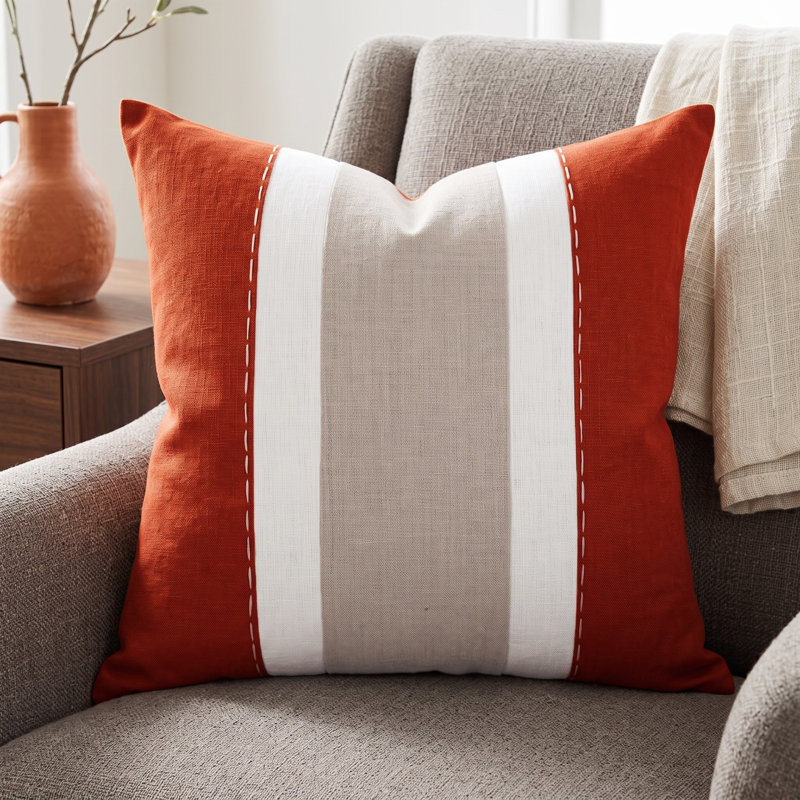 Housse de coussin carré rayée en lin, Rouille / Gris, polyester