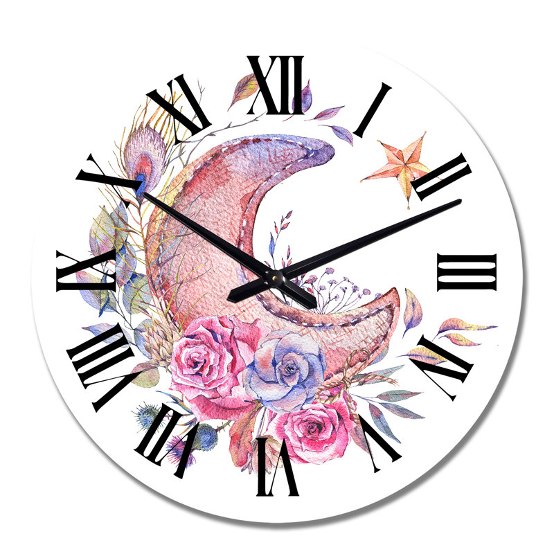 Lune rose et mauve avec roses II - horloge murale bohémienne et éclectique, Moyen