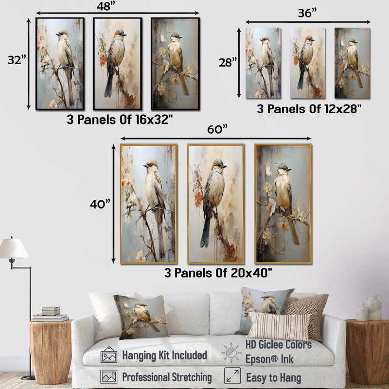 Minimalisme, oiseau beige sur une branche, H 32 po x l 48 po, Cadre flottant blanc