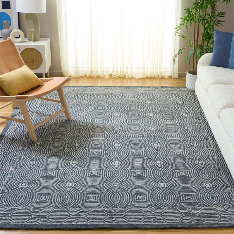 Micro-Loop 928 Hand Tufted Wool; Cotton Geometric Rug in Navy/Ivory, Rectangle 8' x 10'