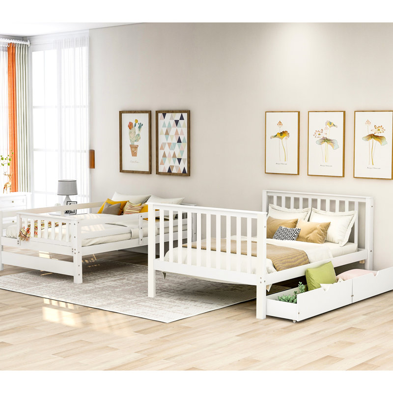 Lit double au-dessus d'un lit superposé, couleur blanche, tablettes ouvertes et 6 tiroirs pour courtepointes, escalier avec compartiments de rangement, divisible en deux lits - plusieurs tiroirs de lit, montée sécuritaire en quatre étapes, barrière de sécurité supérieure