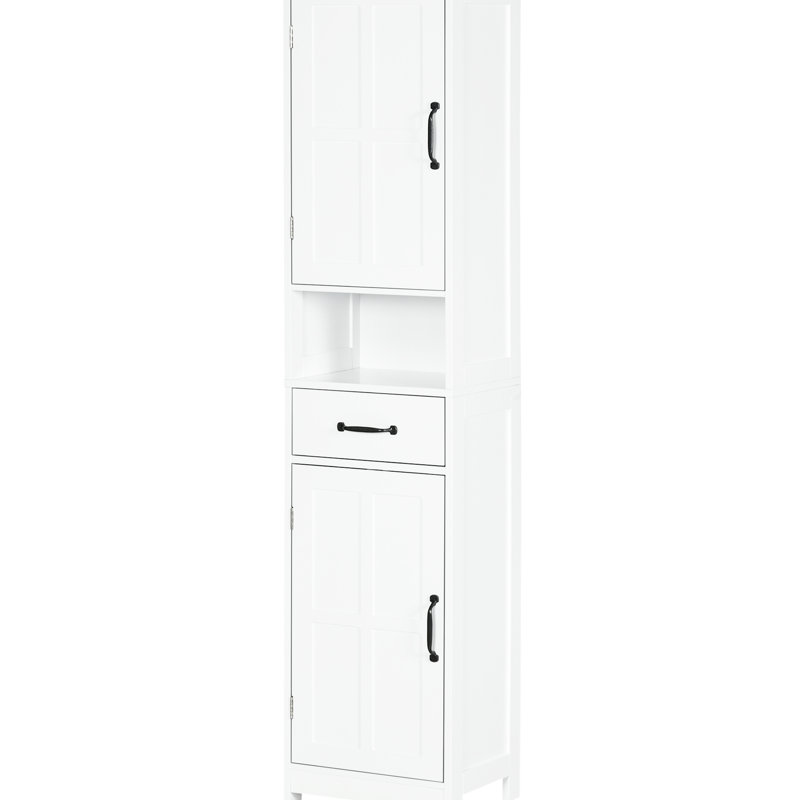 Armoire de rangement mince pour linge de salle de bain - Armoire haute avec tablette ouverte, tiroir, portes encastrées et étagères réglables, étagères blanches pour