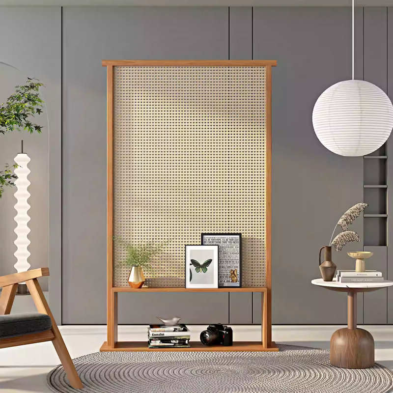 Solid Wood and Rattan Partition with Storage Shelf, 70.87" H x 31.5" W x 1.57" D