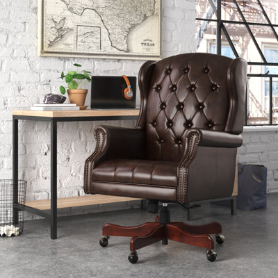 Swain 46.5'' H Traditional  Faux Leather Executive Chair with Solid Wood Base and Tufted Back