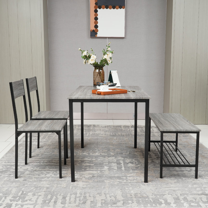 Dining Table Set With 2 Chairs And 1 Bench Rectangle Desk Furniture, Grey/Black