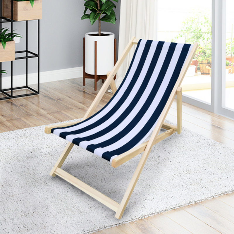 Fauteuil d'extérieur rayé bleu foncé de 34,58 po Populus Wood Hauteur, largeur de paquet de 25,2 po, capacité de 220 lb, chaise longue pliante en construction, limite de poids