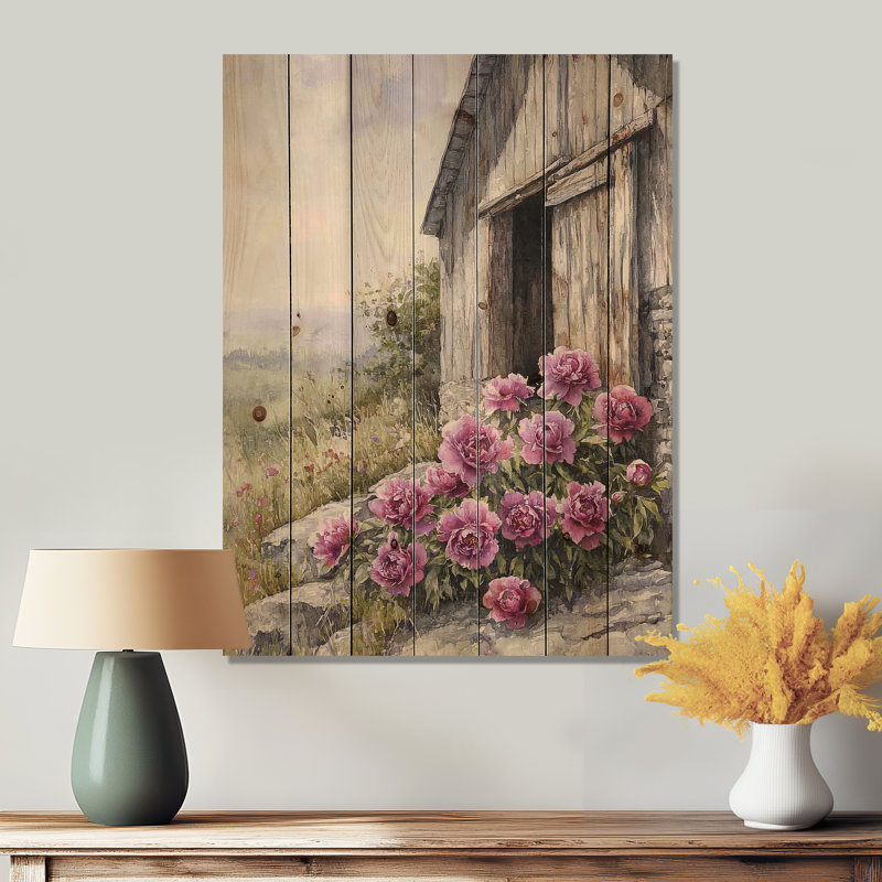 Lavande pivoines par la grange vieillie III - décoration murale en bois pivoines - sur bois de pin naturel