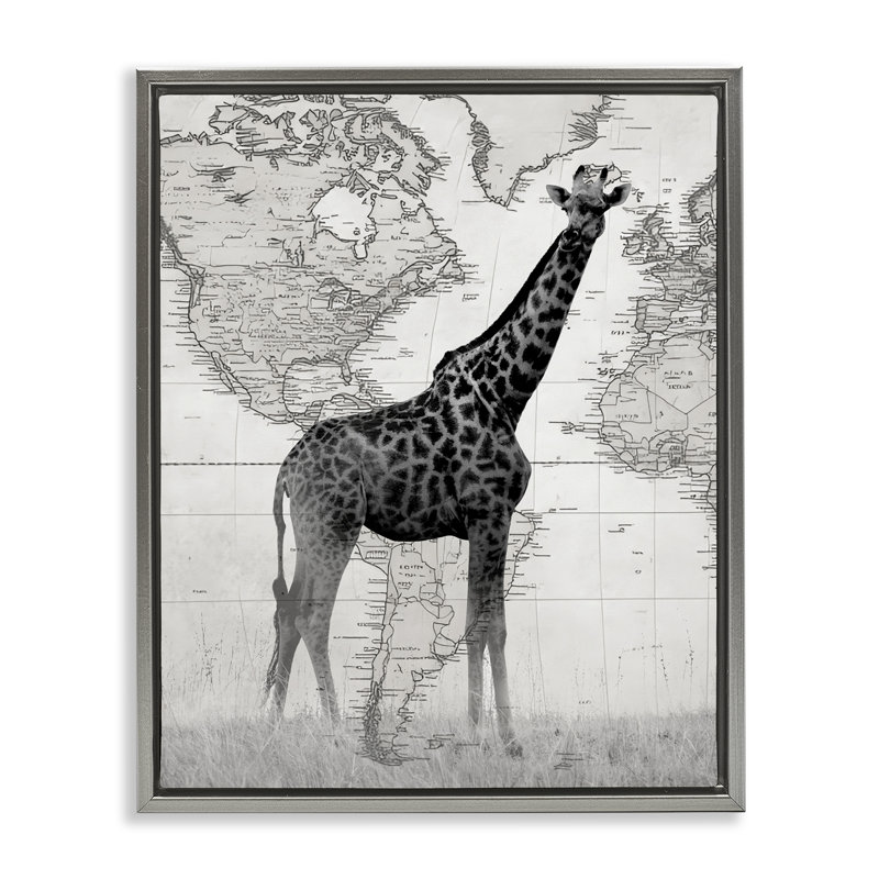 Girafe avec carte du monde rétro, Cadre flottant gris lustré, H 31 po x l 25 po