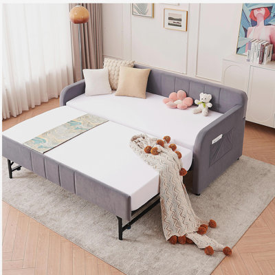 Twin Upholstered Daybed Frame with Trundle, Twin Size Sofa Bed for Bedroom Living Room Guest Room, Wood Slat Support,Grey