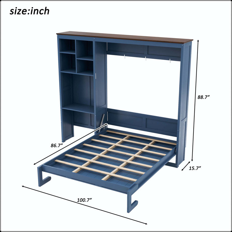 Grand lit escamotable avec bureau et armoire de rangement, Blue