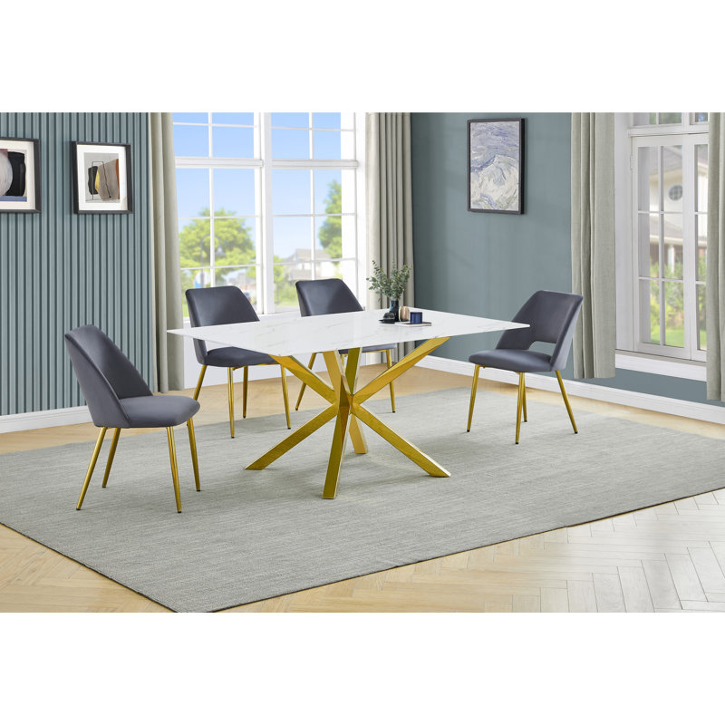 Ensemble de salle à manger 63 "x 39" en verre avec revêtement en marbre et chaises d'appoint en velours, 5, Gris
