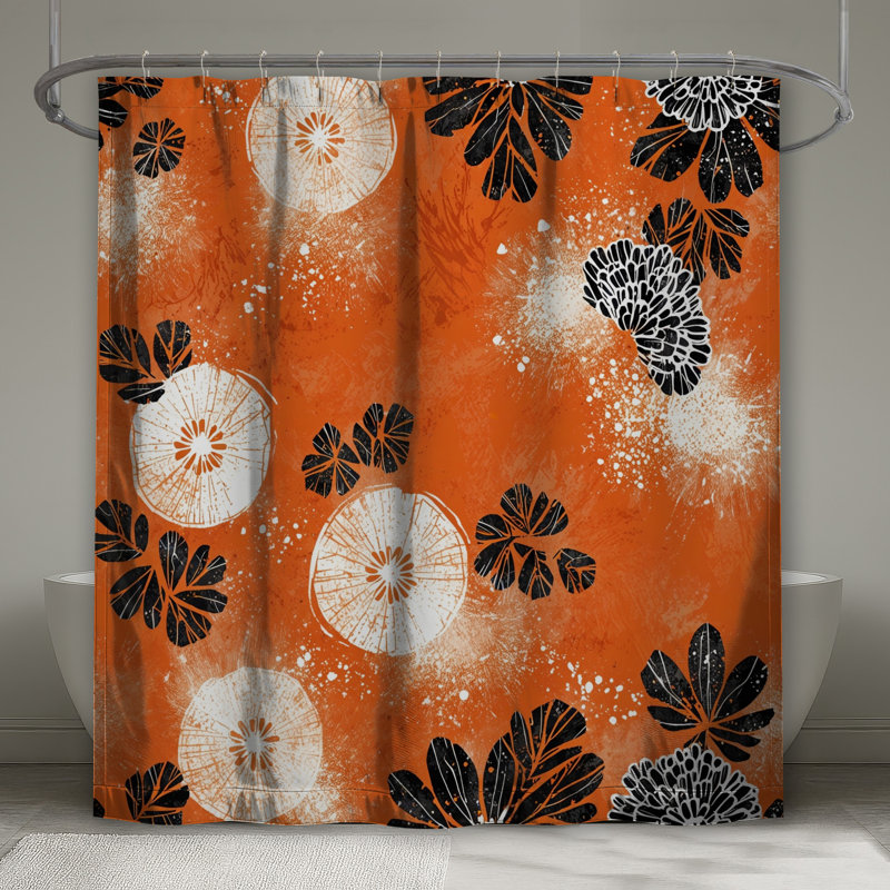 Rideaux de douche orange et noirs à motif floral extra longs, L 70 po x H 93 po
