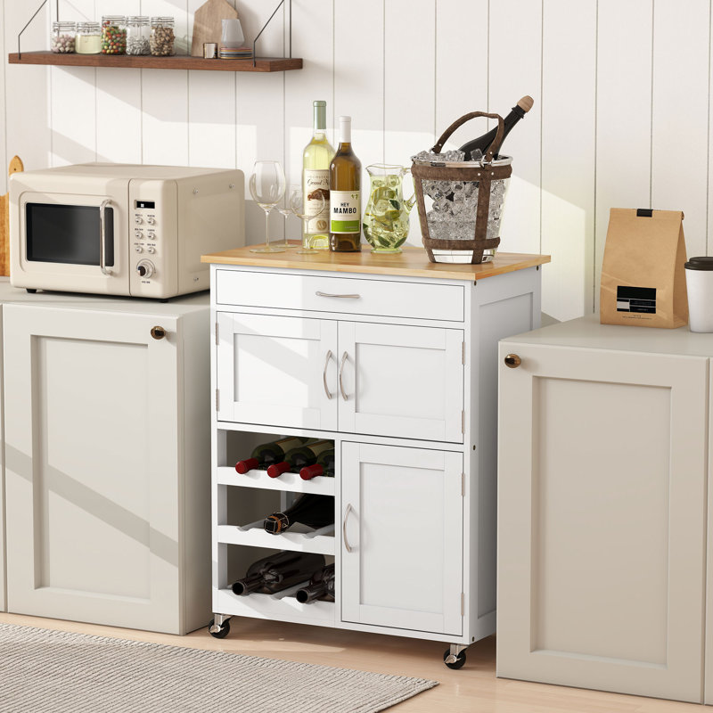 Akieba Kitchen Island On Wheels, Rolling Kitchen Cart With Drawer, 9-Bottle Wine Rack, Storage Cabinets, Wooden Countertop