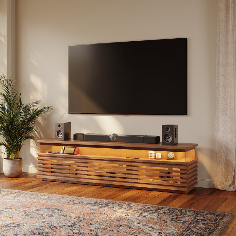 Console multimédia à lattes Selene avec éclairage DEL, aucun assemblage requis, Noyer, H 20,47 po x L 70,87 po x l 17,72 po