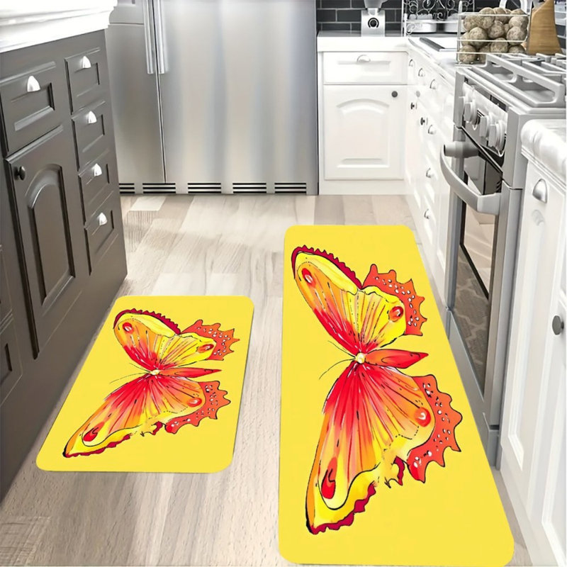 Tapis de cuisine à imprimé papillon jaune, 2 pièces pour un décor de cuisine lumineux