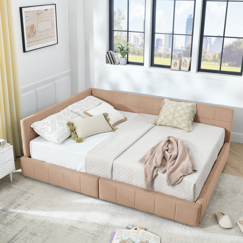  Structure de canapé-lit grand avec dossier et accoudoirs, lit plateforme en velours rose, Rose