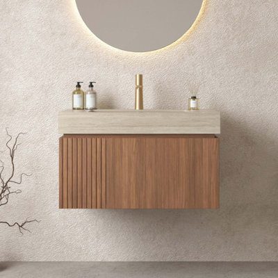Meuble-lavabo de salle de bain avec lavabo, armoire de rangement murale en contreplaqué avec tiroir et porte, comptoir en pierre frittée à motif de travertin avec lavabo, pré-assemblé
