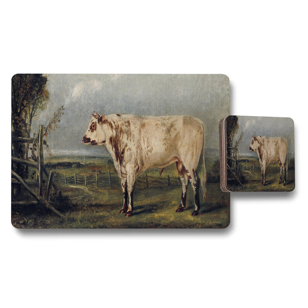 Cow in Pasture Vintage Art Placemats and Coasters Set