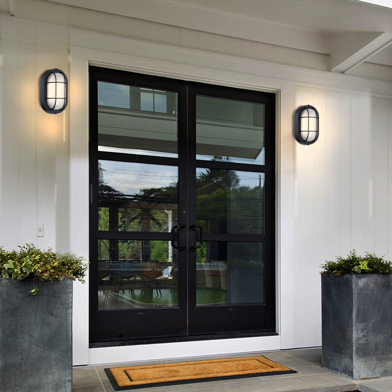 2 Pack Matte Black Industrial LED Outdoor  Wall Mount with Ellipse Frosted Glass Shade