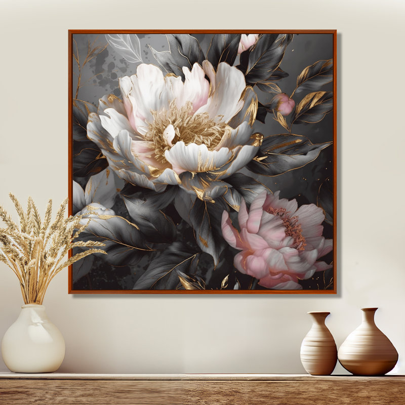 Pivoines roses et grises en fleurs II - impressions de pivoines, H 24 po x l 24 po, Cadre flottant brun