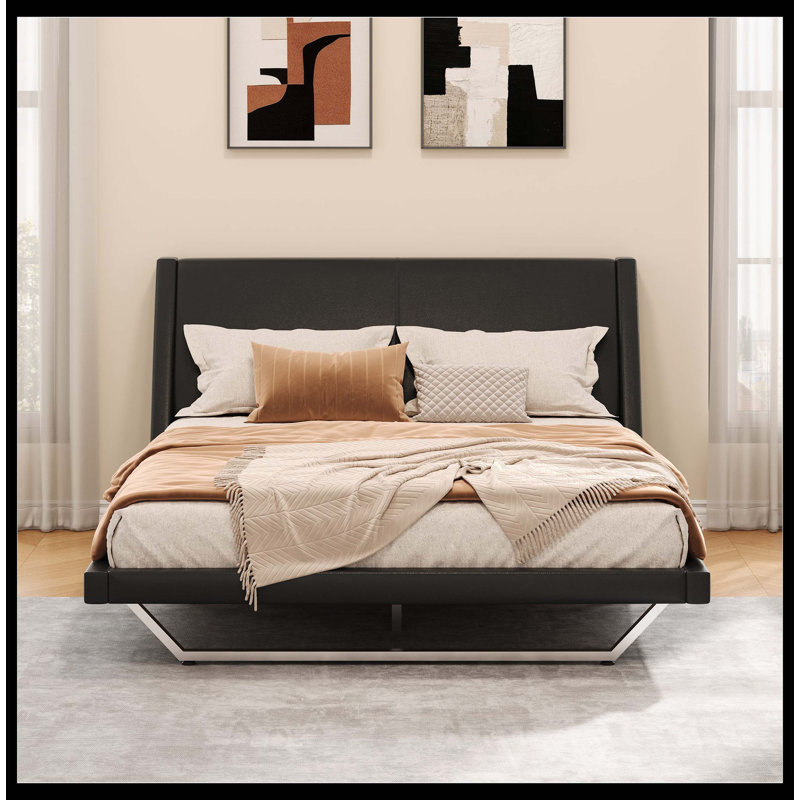 Grand cadre de lit tapissier grand, lit plateforme en cuir d'unité centrale avec un design en forme de vague et des pieds de forme trapézoïdale, aucun sommier nécessaire, noir