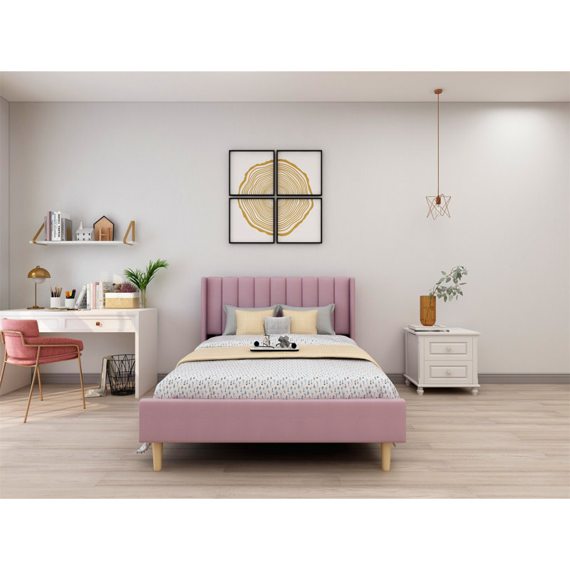 Lit plateforme tapissier avec tête de lit à oreilles Eriksay, Velours rose pâle, Double